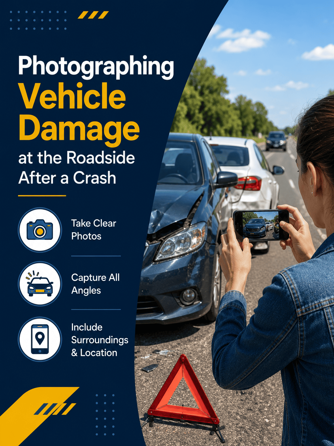 Photographing vehicle damage at the roadside after a crash