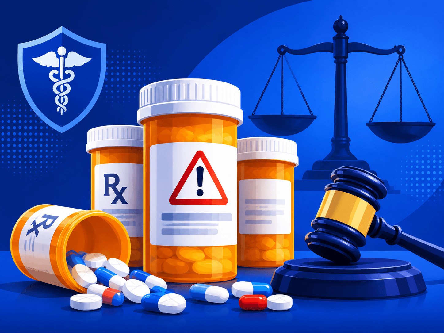 Prescription drug bottles and pills representing dangerous drug litigation