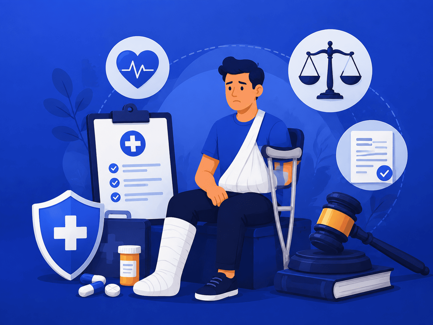 Illustration of an injured person with medical and legal claim icons